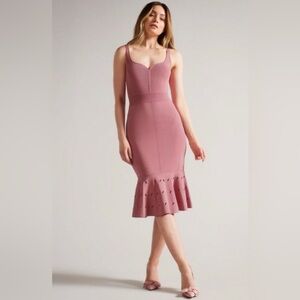 Ted Baker Mauve Pink Emesta Needle Stitch Mermaid Hem Midi Dress